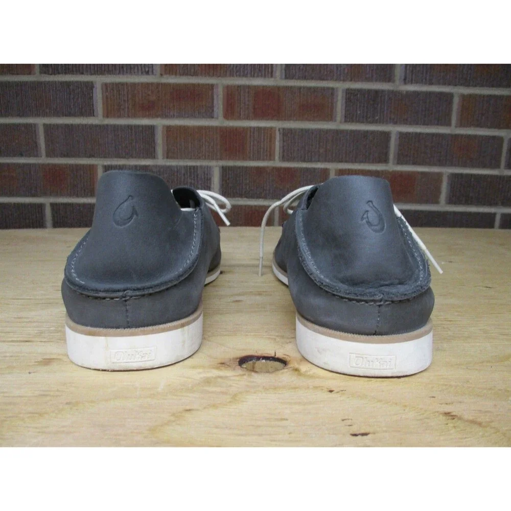 Olukai Men Holokai Gray Leather Boat Shoes Lace Up Casual 10279-6C6C Size 10